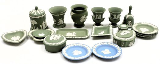 A group of Wedgwood green and light blue Jasper pottery, including vases, ashtrays, dressing table d