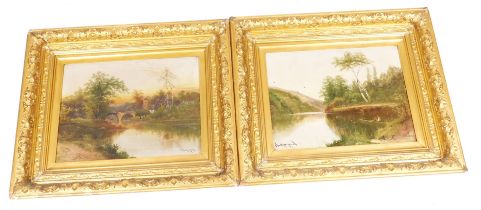 English School (19thC). Lake and river landscapes, pair of oils on canvas, signed indistinctly, 37cm
