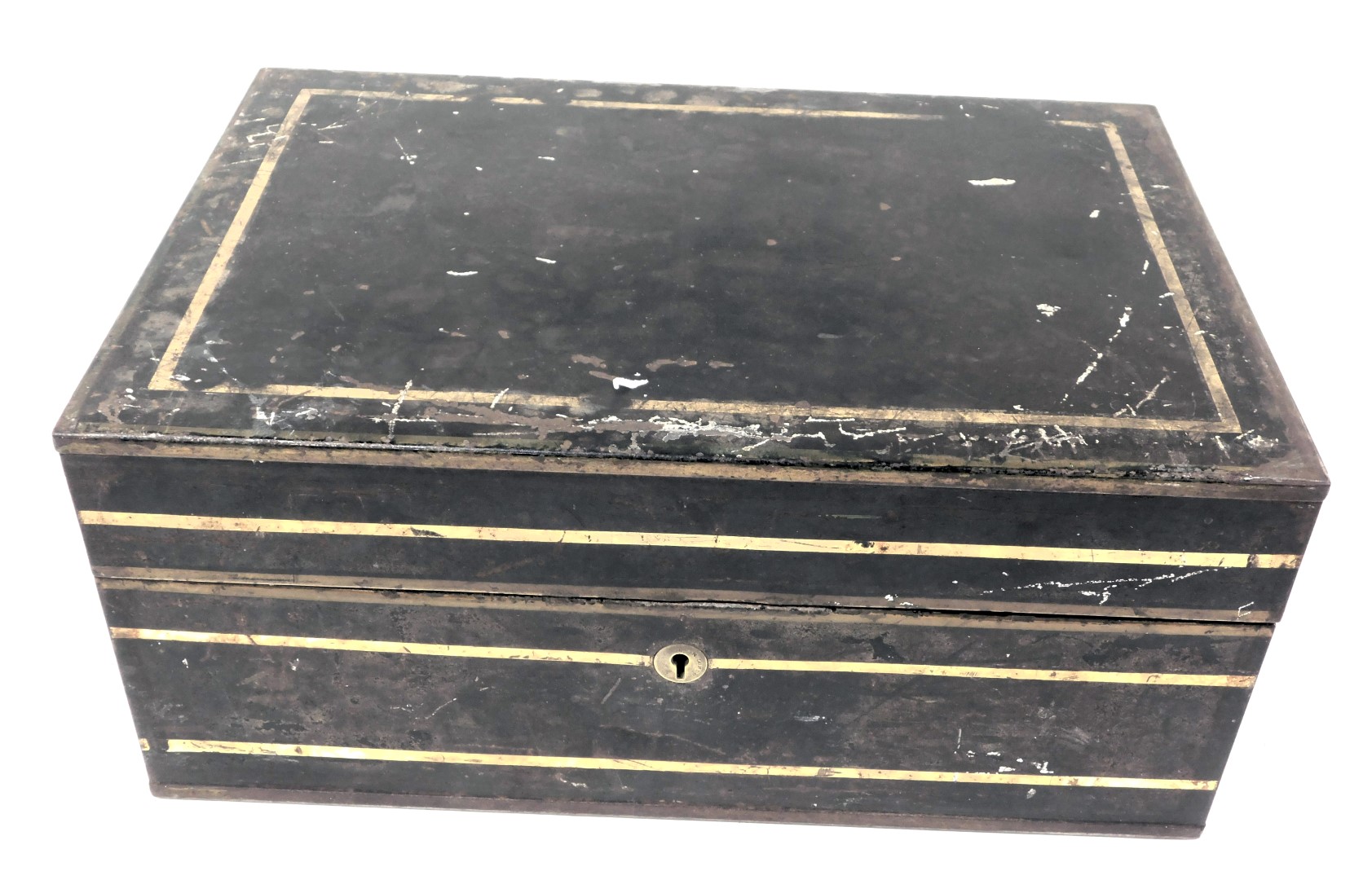 A Victorian cast iron and brass bound stationery box, of rectangular section, with a hinged lid open