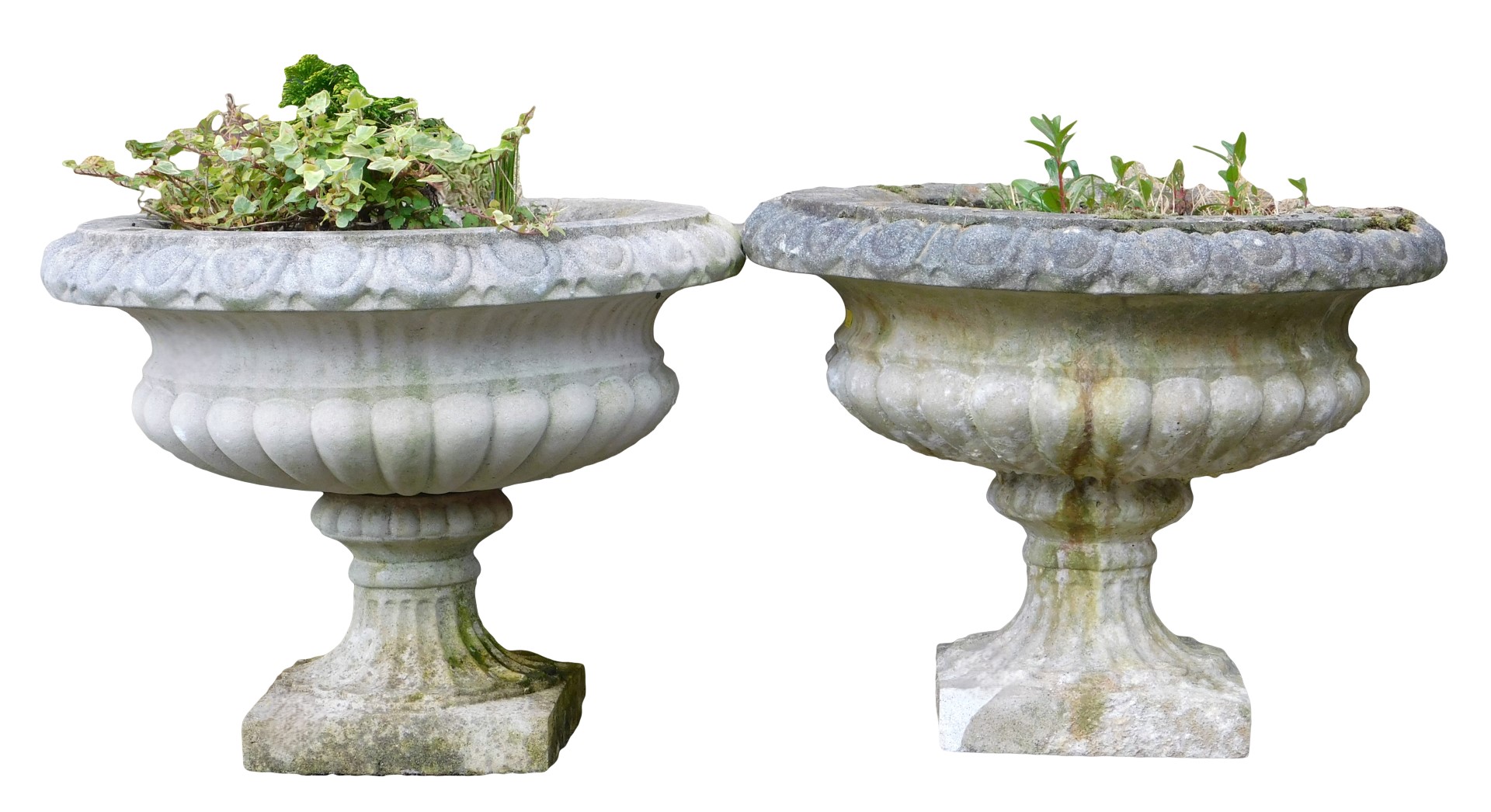 A pair of reconstituted part fluted garden urns, each on a square base, 43cm high, 56cm diameter.