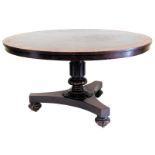 A William IV figured mahogany and burr yew breakfast table, the circular top with radiating veneers,