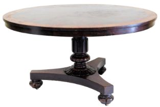 A William IV figured mahogany and burr yew breakfast table, the circular top with radiating veneers,