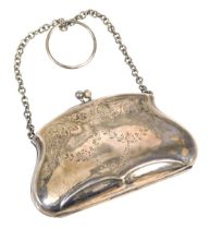 A George V silver evening purse, engraved with floral swags and foliate scrolls, on a chain link sus