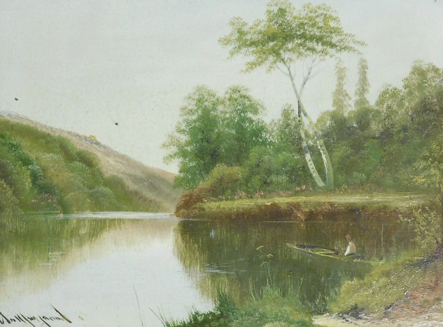 English School (19thC). Lake and river landscapes, pair of oils on canvas, signed indistinctly, 37cm - Image 4 of 5