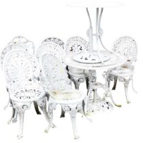 Eight silver and grey painted cast aluminium Victorian style garden chairs, each on cabriole legs an