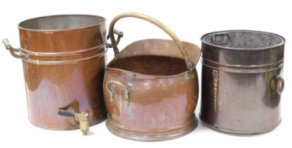 A 20thC copper tea urn, lid lacking, with brass tap, 34cm high, brass helmet shaped coal scuttle, 30