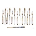 Fourteen early 20thC silver plated fruit knives and forks, the handles with a shield reserve engrave