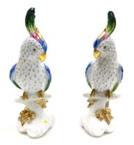 A pair of Vista Alegre porcelain figures of parrots, modelled perched on a tree bough, on a rococo b