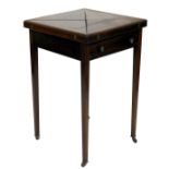 An Edwardian walnut envelope card table, square top with a green leather inset, above a frieze drawe