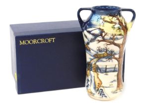 A Moorcroft pottery Woodside Farm pattern vase, of twin handled waisted form, circa 1999, painted an