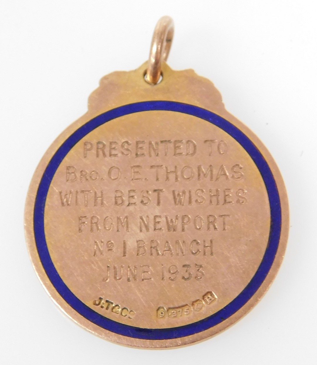 A 9ct gold enamel National Union of Railway men medallion, presentation engraved to Bro. E. Thomas, - Image 2 of 2