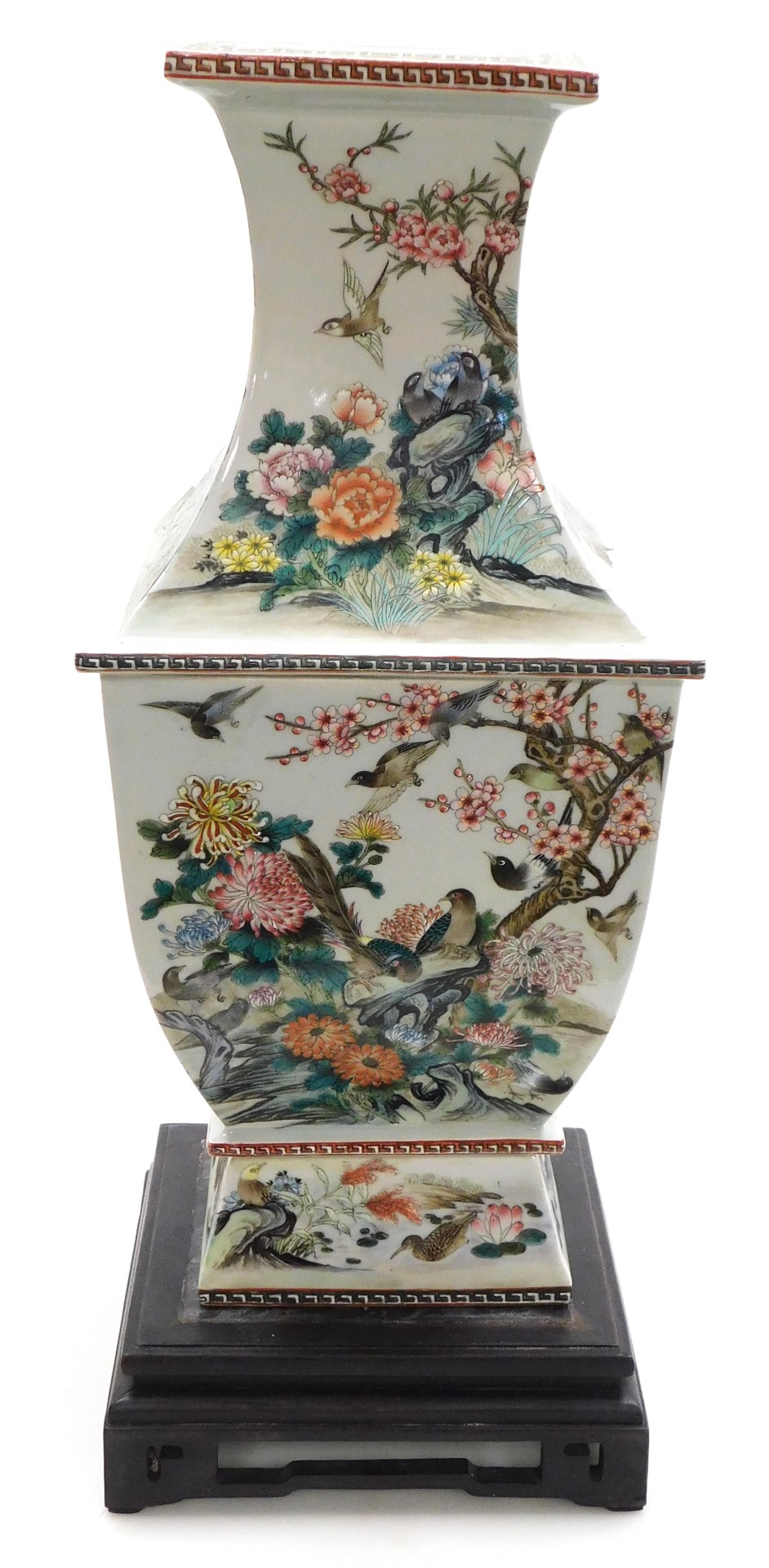 A 20thC Chinese porcelain famille verte vase, of square, baluster form, decorated with exotic birds, - Image 4 of 11
