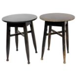 A pair of ebonised oak and laminate pub or cafe tables, in Art and Crafts style, each with a circula