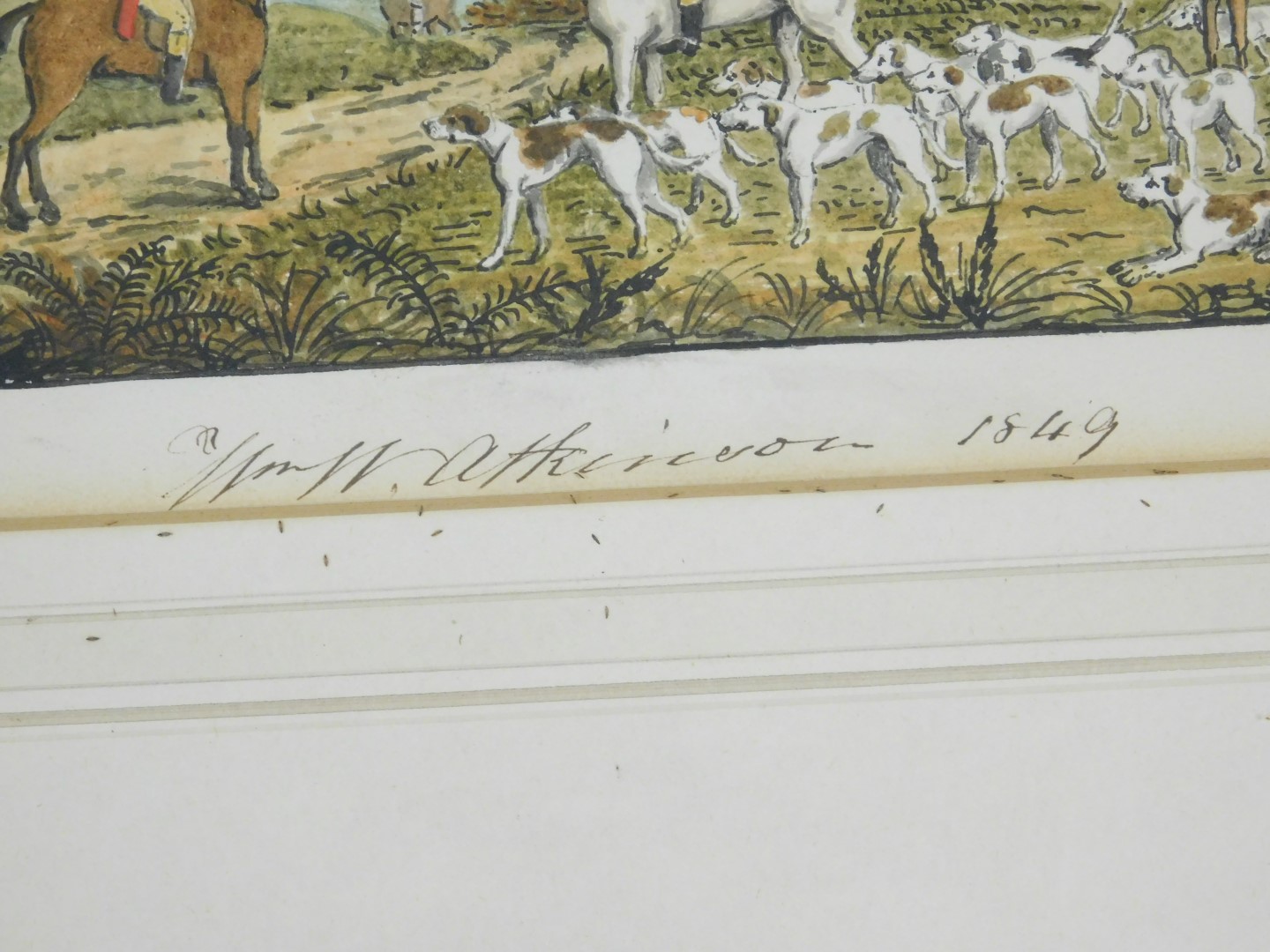 William W Atkinson (British, 19thC). Hunting scene with dogs, watercolour, signed, dated 1849, 18.5c - Image 3 of 3