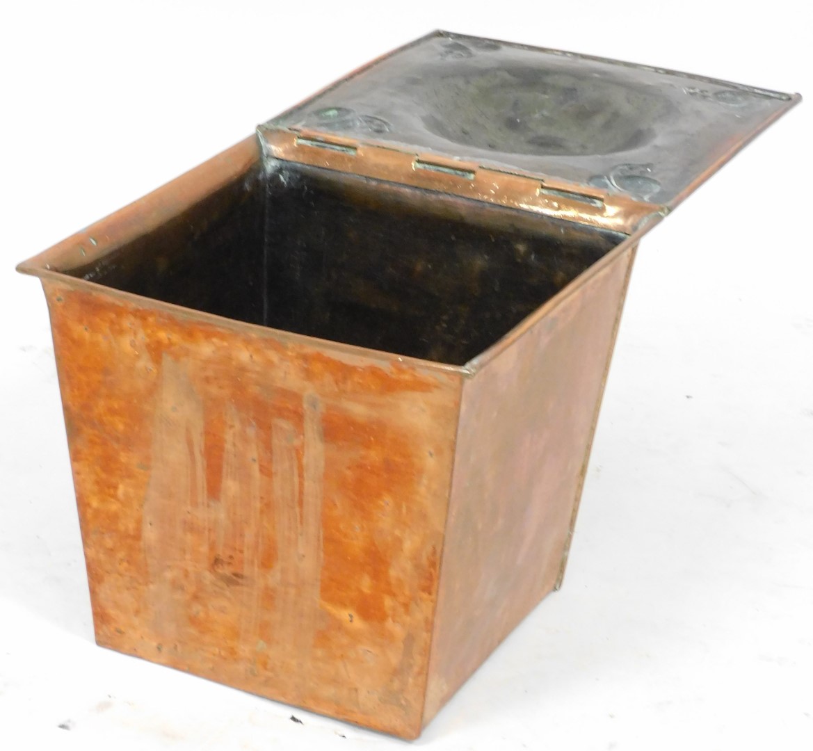 A Victorian Arts and Crafts copper coal box, with a cast iron handle, the hinged lid embossed with s - Image 2 of 2