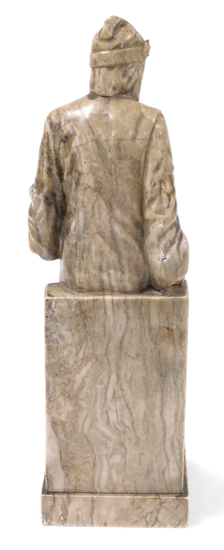 A 19thC alabaster figure of Dante Alighieri, modelled standing, leaning against a plinth, with a boo - Image 3 of 4