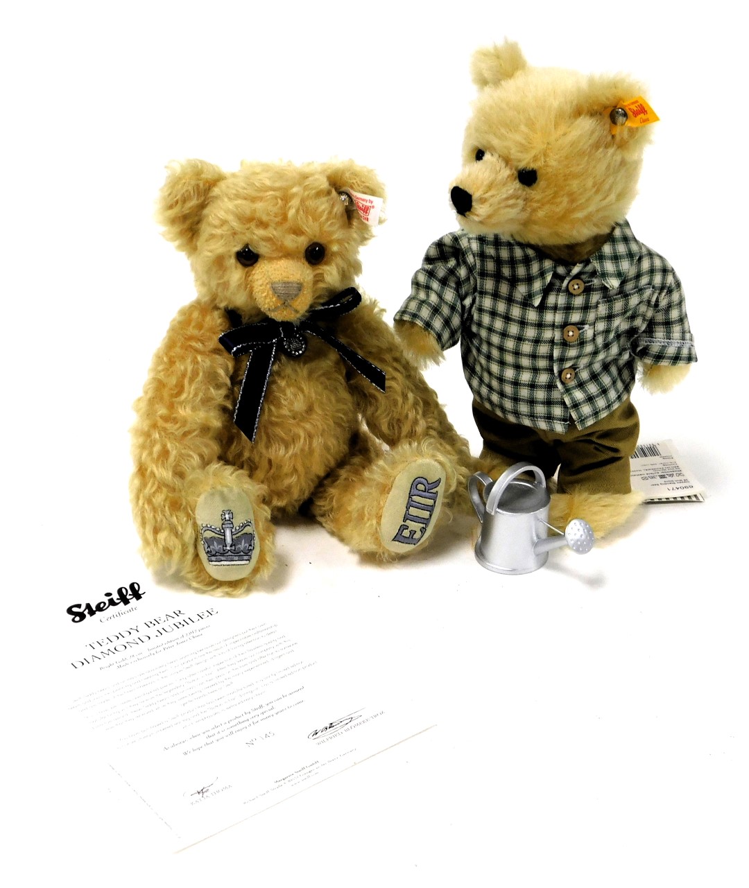 A Steiff diamond jubilee teddy bear 2012, with certificate, and a Steiff classic standing bear with
