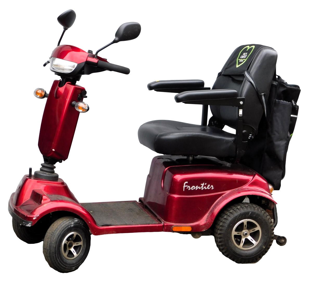 A Frontier electric mobility scooter, with red paint work, and charger.