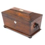 A Regency rosewood tea caddy, of sarcophagus form, with double ring handles, and mother of pearl esc