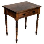 A late 19thC mahogany side table, the rectangular top above a frieze drawer, on turned tapering legs