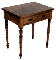 A late 19thC mahogany side table, the rectangular top above a frieze drawer, on turned tapering legs
