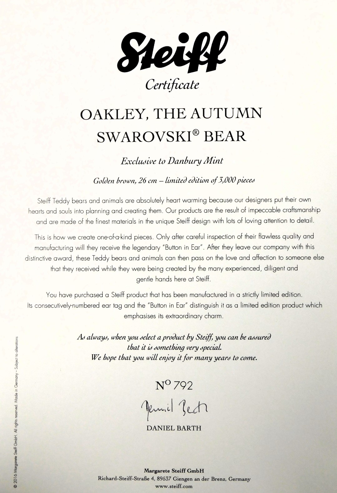 A Steiff Teddy Bu 1925, with certificate and Oakley the Autumn Swarovski bear, exclusive to Danbury - Image 2 of 5