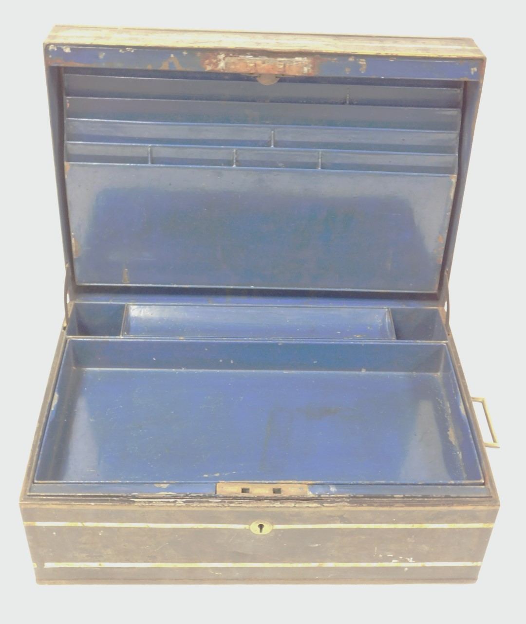 A Victorian cast iron and brass bound stationery box, of rectangular section, with a hinged lid open - Image 2 of 2