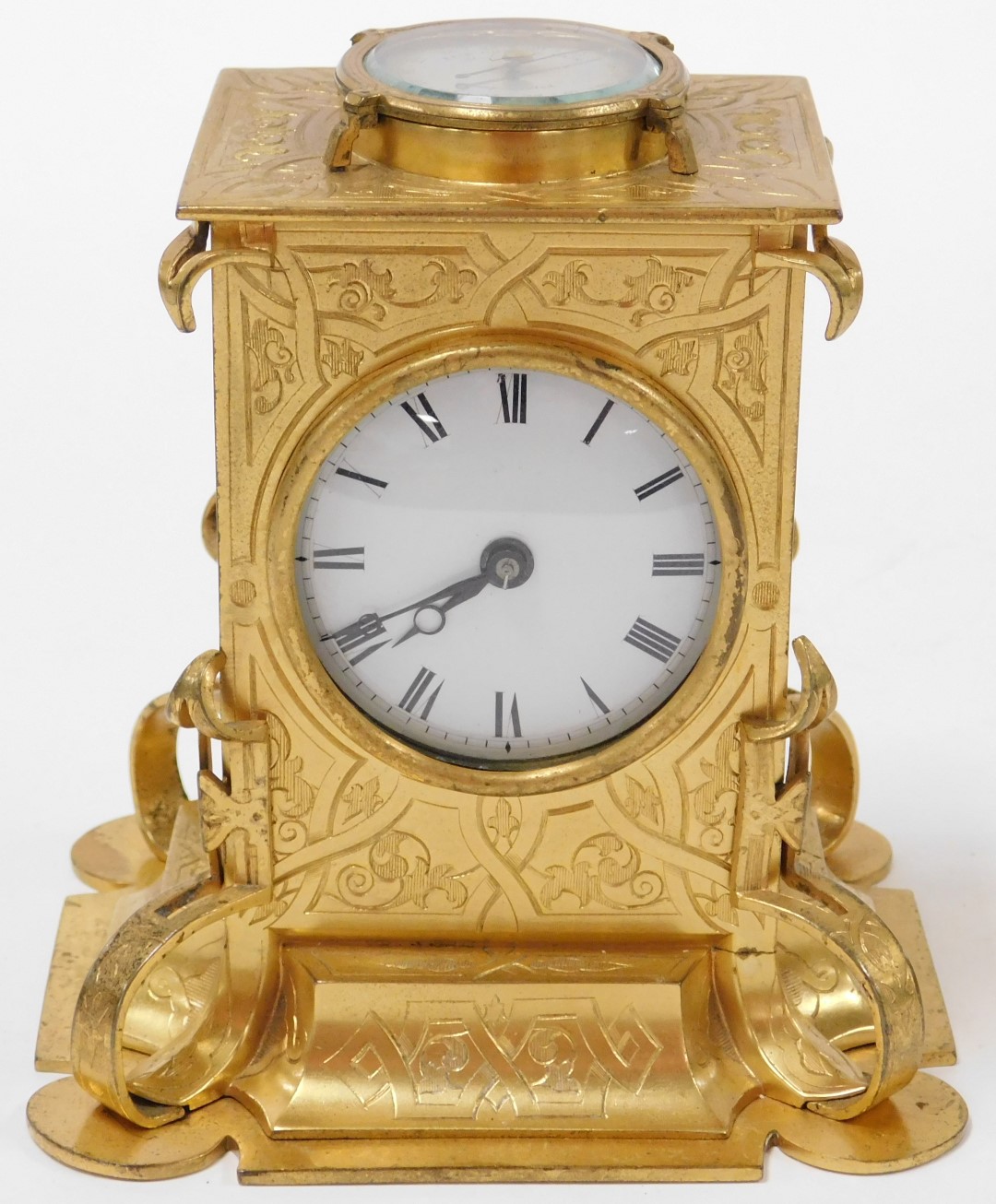 A Victorian brass cased desk clock, of Gothic form, with circular dial bearing Roman numerals, the t - Image 2 of 4