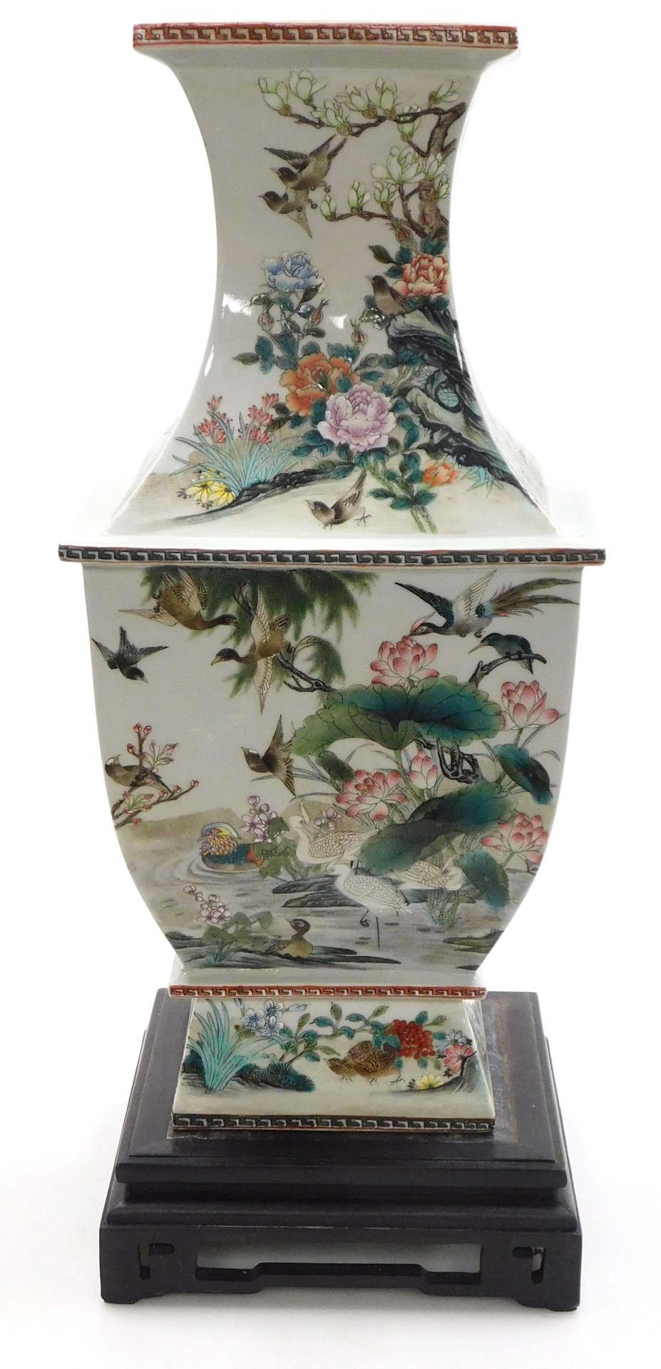 A 20thC Chinese porcelain famille verte vase, of square, baluster form, decorated with exotic birds, - Image 3 of 11