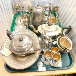 Silver plated wares, including teapot, coffee pot, sugar, wall sconces, large centre bowl with handl