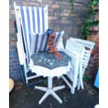 Garden furniture, including garden table, pedestal for a parasol, deck chairs, plastic chairs and a