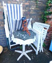 Garden furniture, including garden table, pedestal for a parasol, deck chairs, plastic chairs and a