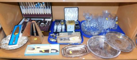 A selection of silver plated wares and glassware, to include a canteen of flatware, a box containing