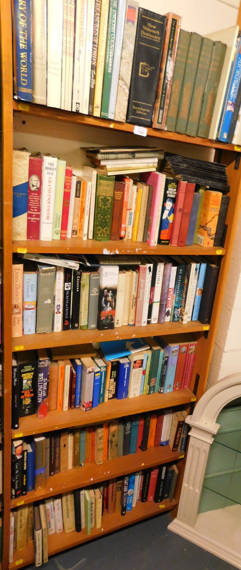 Six shelves of books, including biographies, historical, quotations, Paint Effects, Dog Breeds, etc.