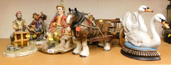 Ceramics, to include four Capodimonte figures, 30cm high, large horse and cart, and a doorstop in th