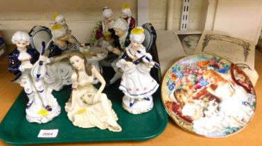 Ceramics, in the form of musicians, lady and gents seated at table, collectors plates including B Pa