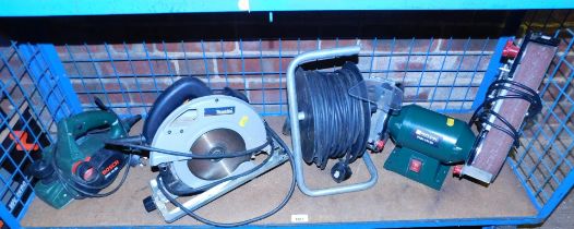 Power tools, Makita circular power saw, Parkside PS135 240 B2 electric sander, and a Bosch sander,
