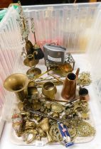 Brass ware and assorted fireside items, including fire irons, trivet, jug and various small brass or