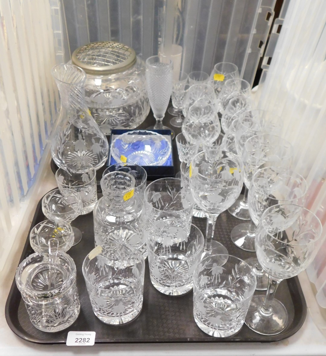 Glassware, items include vases, central rose bowl, brandy glasses, etched wine glasses, tumblers.