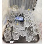 Glassware, items include vases, central rose bowl, brandy glasses, etched wine glasses, tumblers.
