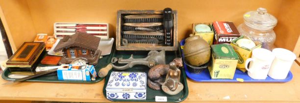 Miscellaneous items, including shoe brushes, shoe polish, torch, cash box, a small ceramic pot with