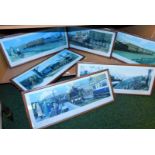 Six train related prints, Travel in 1900 series, picture 63cm x 24cm.