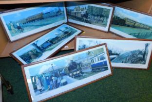 Six train related prints, Travel in 1900 series, picture 63cm x 24cm.