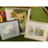 Pictures and prints, including an oil on board of a river scene through town, further river scene wi
