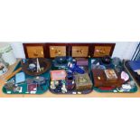 Miscellaneous items including four marquetry pictures, a large wooden bowl, silver plated items incl
