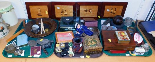 Miscellaneous items including four marquetry pictures, a large wooden bowl, silver plated items incl