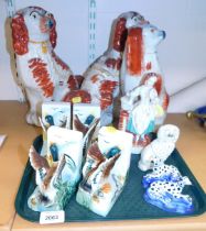 Ceramics, including three Staffordshire style spaniels, tallest 31cm high, two inkwells in the form