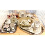 Silver plated wares, including large bowls, large trays, oval tray with gallery to top, the largest