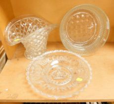 Three cut glass items, to include a large Santa bowl, a circular centre bowl, and a commemorative pl