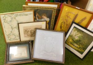 Pictures and prints, pictures to include gilt framed embroidery, still lives, etc. (approx 7)